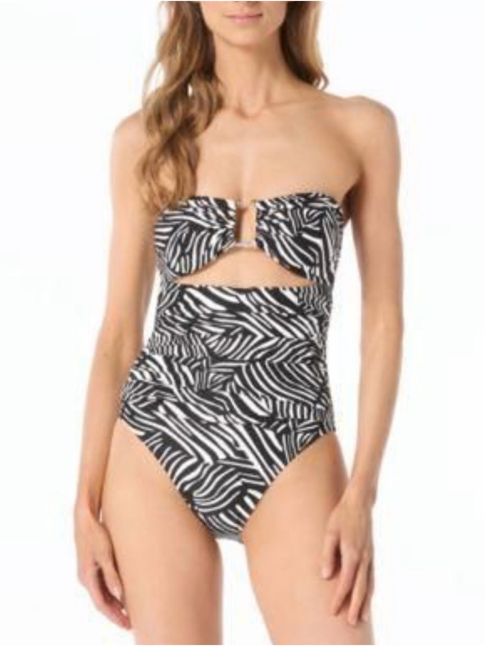 Michael Kors Zebra-Print Strapless Cutout One-Piece in Black and White